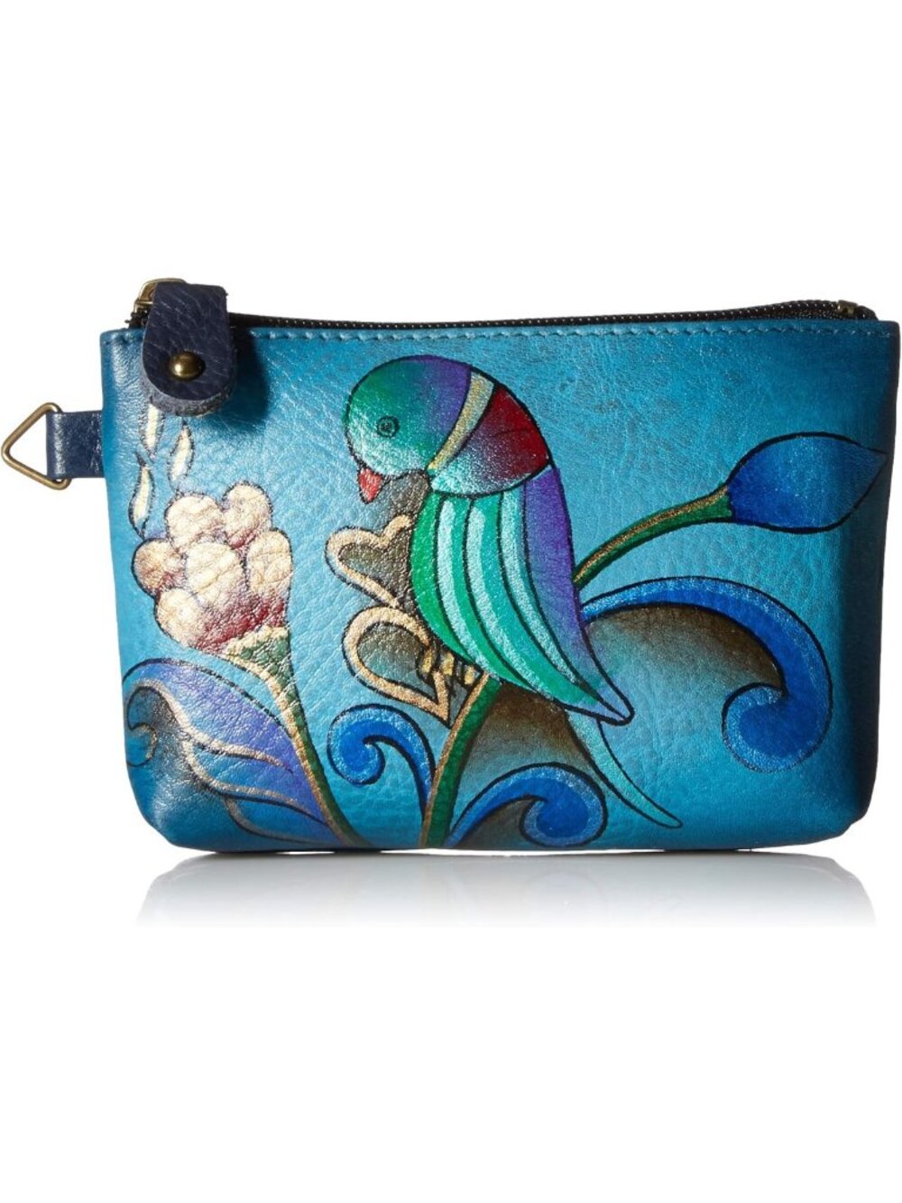 Hand Painted Genuine Leather Coin Pouch - Colorful Parrot Design, Denim Style